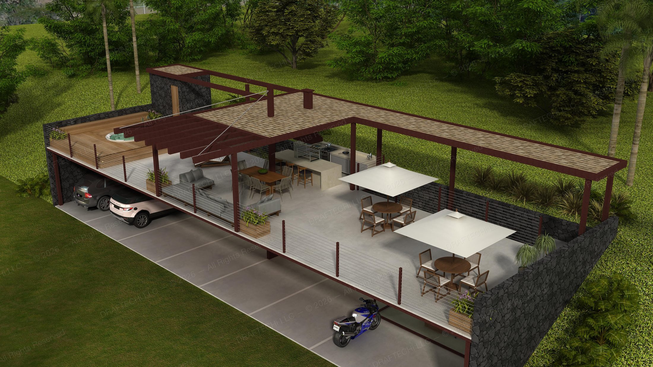 Terraced Living-Retaining Walls & Elevated Outdoor Pavilion